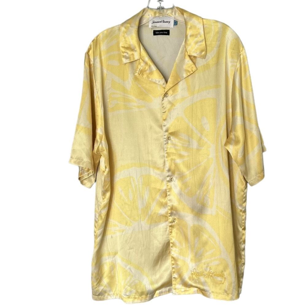 House of Sunny Sliced Lemons Satin SS Shirt Button Front Yellow White Size XL